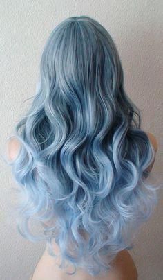 Pastel Blue Ombre wig. long curly blue wig with side bangs. Heat friendly synthetic wig. Everyday wig. Mermaid wig. Cosplay wig. -   16 mint hair Ombre ideas