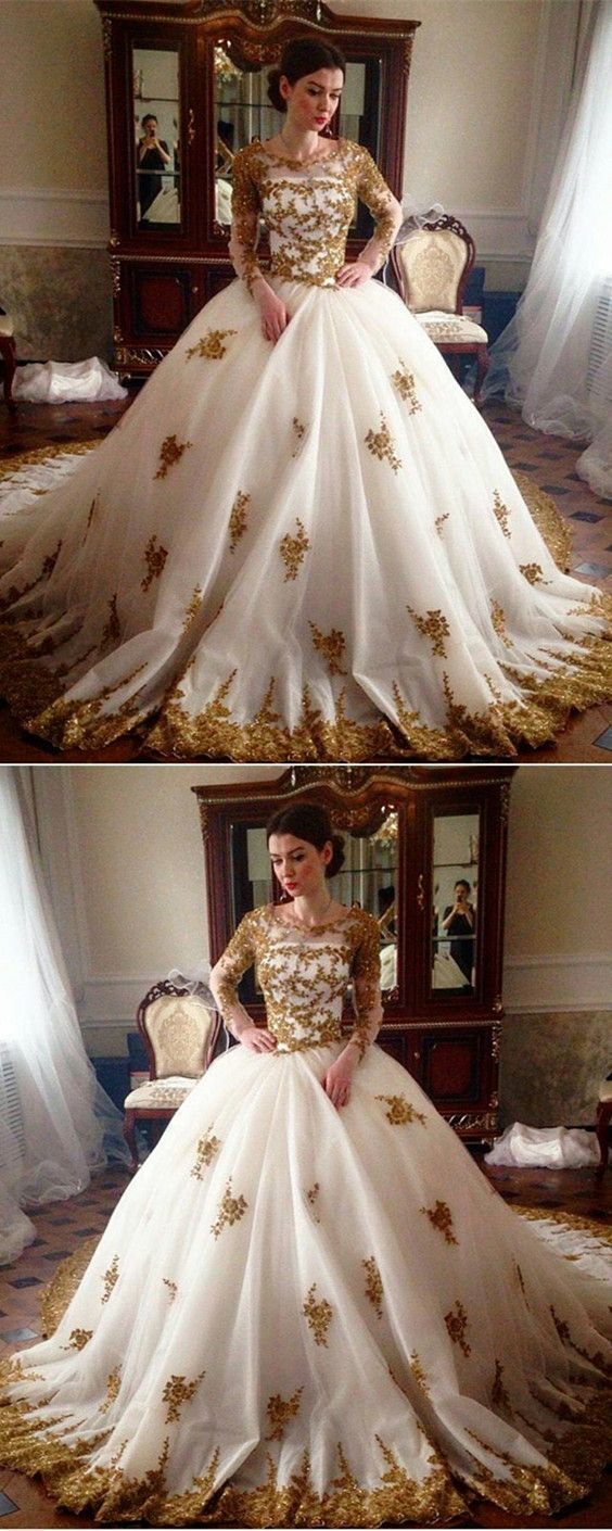 Prom Dress Plus Size, Vintage Gold Lace Embroidery Beaded Long Sleeves Wedding Dresses Ball Gowns -   17 dress Ball gold ideas