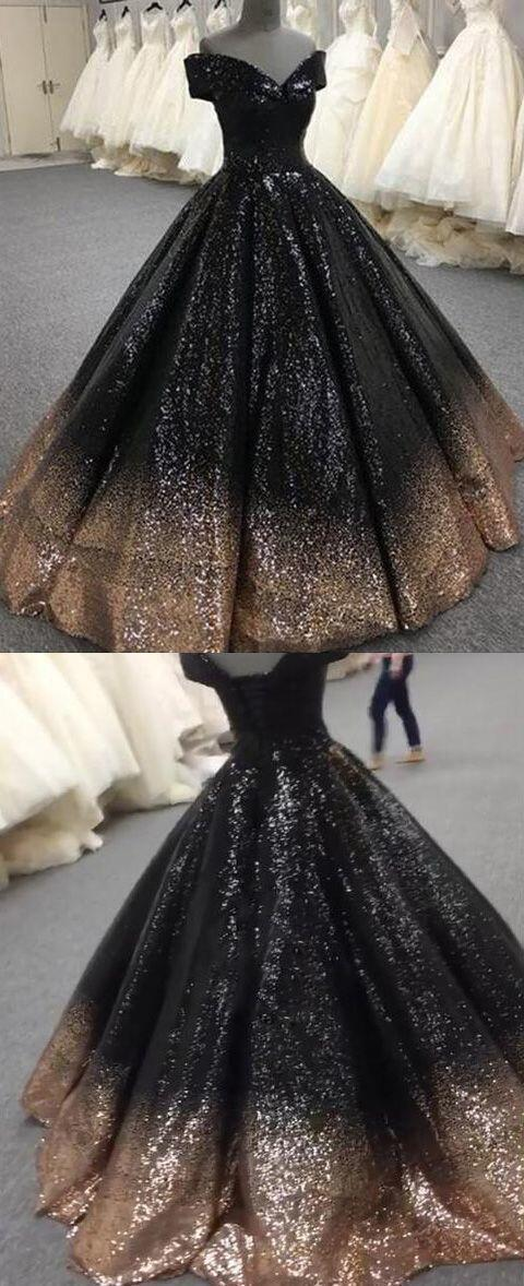 Bling Bling Sequins Gold/Black Ball Gown Prom Dresses Off Shoulder Formal Evening gown -   17 dress Ball gold ideas