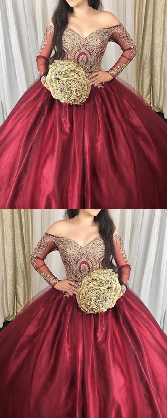 Maroon quinceanera ball gown with gold lace long sleeve -   17 dress Ball gold ideas