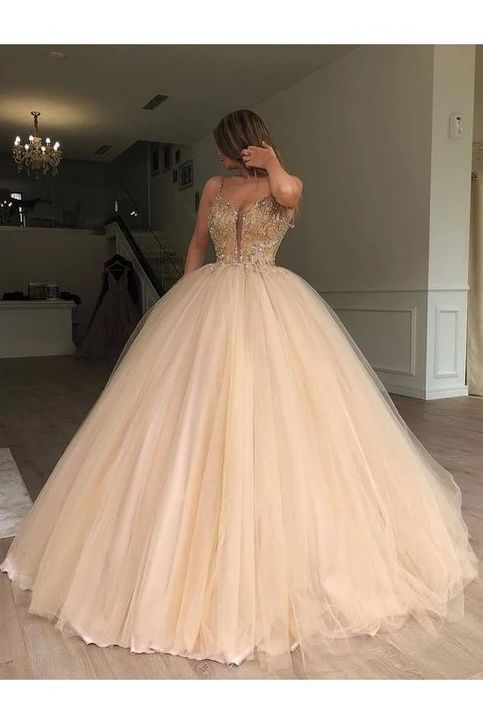 Sparkly Spaghetti Strap Beaded Ball Gown Prom Dress, Long Tulle Quinceanera Dresses,584 -   17 dress Ball gold ideas