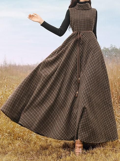 Plaid Vintage Turtleneck Sleeveless Turtleneck Long Dress -   18 dress Designs fashion ideas