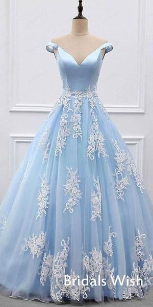 Pretty Sky Blue Tulle Appliqued Off-shoulder V-neck Long Prom Dress BW0405 -   18 hair Prom v neck ideas