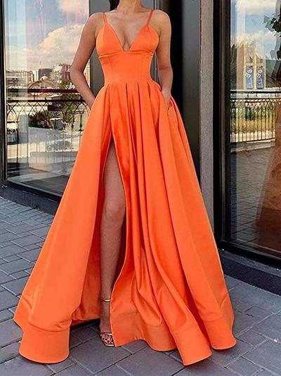 orange sleeveless v-neck prom dress,spaghetti-straps satin slit-skirt party dress from Sweet Baby -   18 hair Prom v neck ideas