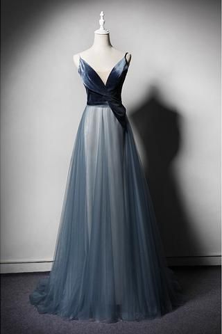 Green gray tulle long sleeve a line evening dress, long velvet prom dress -   18 hair Prom v neck ideas