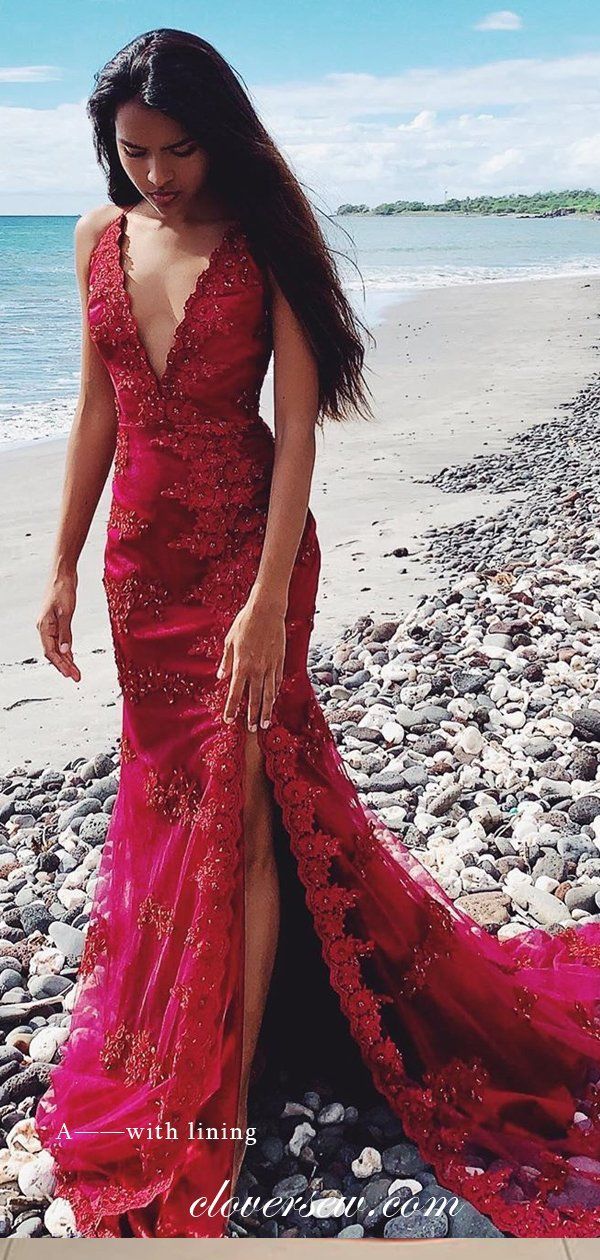 Burgundy Lace V-neck Sleeveless Side Slit Sheath Prom Dresses,CP0237 -   18 hair Prom v neck ideas