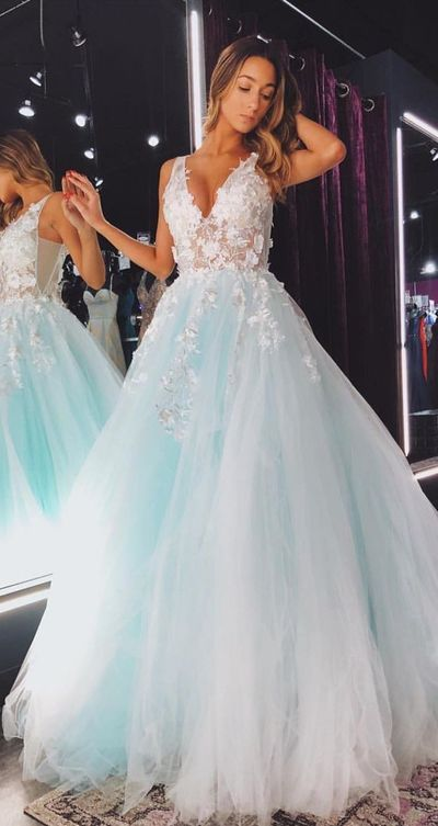 fanshion sky blue tulle lace sleeveless prom dress,applique v-neck evening dress from Sweet Baby -   18 hair Prom v neck ideas