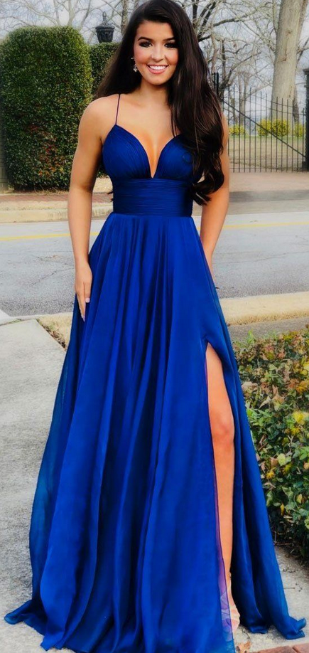 Sexy A Line Royal Blue Satin Long Prom Dress V-Neck Prom Dresses ,Custom Made Party Gowns -   18 hair Prom v neck ideas