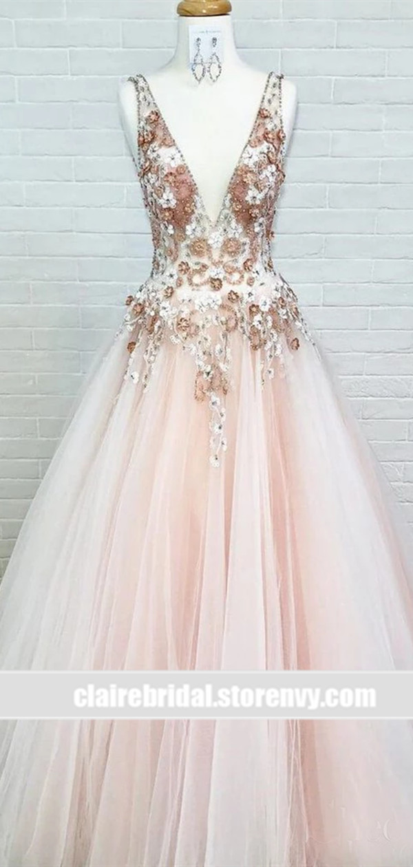 Deep V-neck Tulle A-line Appliques Prom Dresses Long from Clairebridal -   18 hair Prom v neck ideas