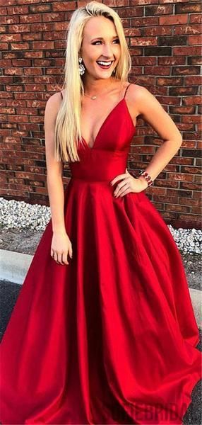 Spaghetti Straps Deep V-neck Simple Cheap Long Red Prom Dresses, PD0102 -   18 hair Prom v neck ideas