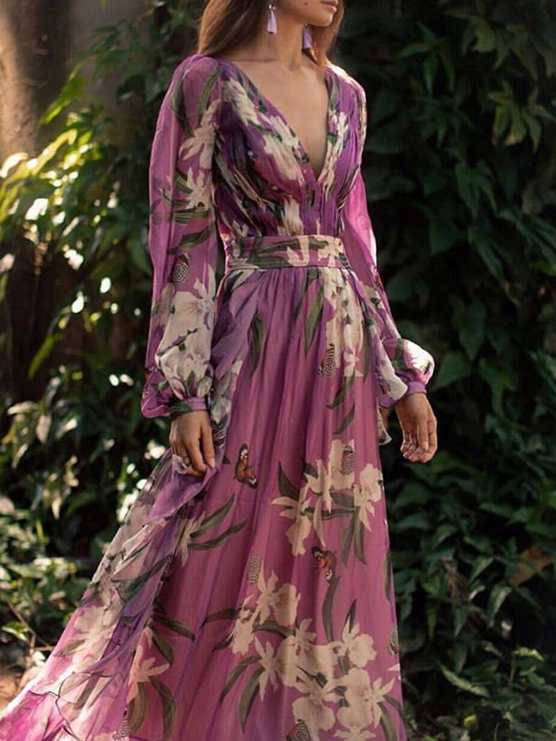 Bohemian Printed Colour V Neck Long Sleeve Pleated Floral Maxi Dress -   19 dress Maxi long sleeve ideas