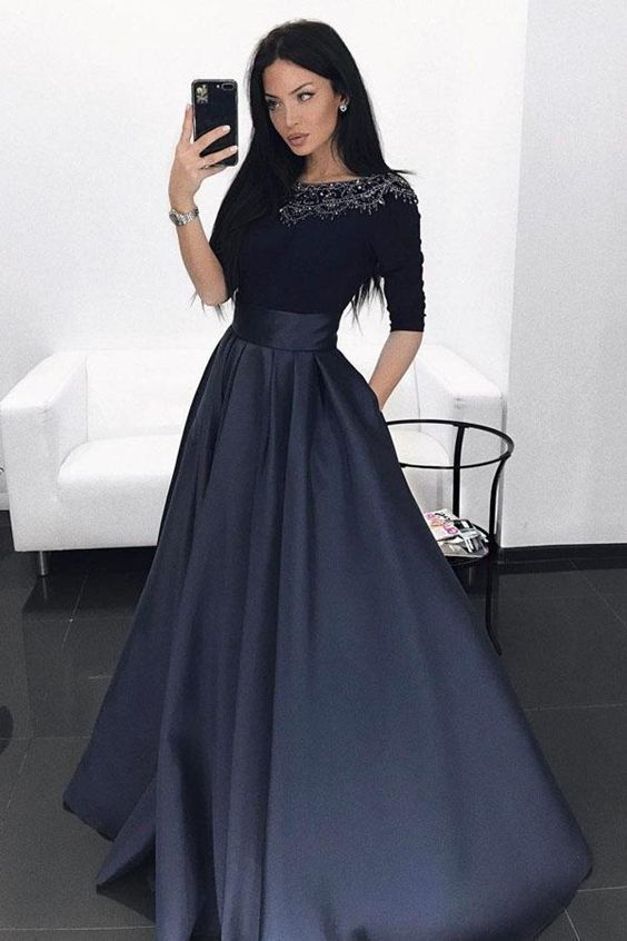 A-Line Bateau Half Sleeves Dark Blue Prom Dress with Beading Pockets PFP1477 -   19 prom dress With Sleeves ideas