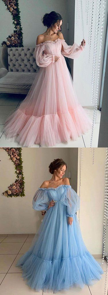 Pink Tulle Off Shoulder Puffy Sleeves Long Prom | prom dress -   19 prom dress With Sleeves ideas