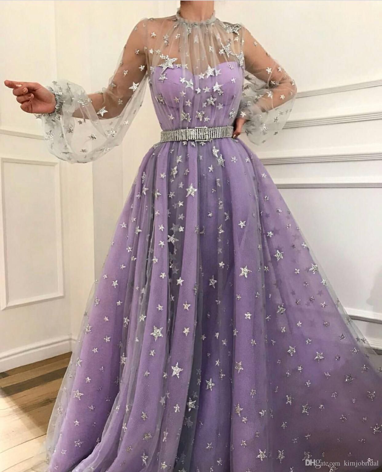 Custom made Charming purple prom dress?tulle with star evening dress?long a-line party dress -   19 prom dress With Sleeves ideas
