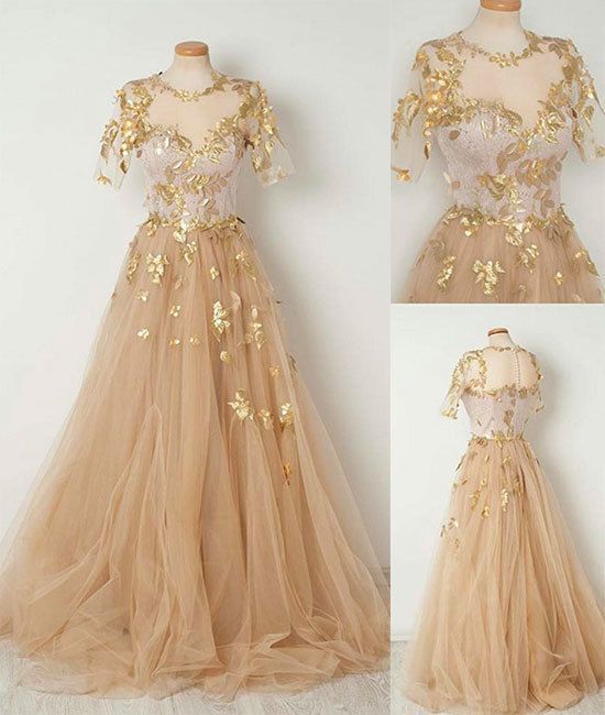 Champagne tulle long prom dress, evening dresses,short sleeves prom dresses -   19 prom dress With Sleeves ideas