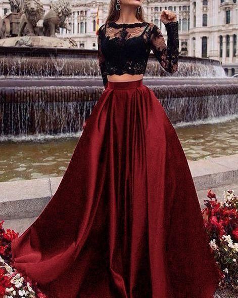 Crop Top Two Pieces Long prom Dress with lace appliques with Long sleeves Sweater Dress -   19 prom dress With Sleeves ideas