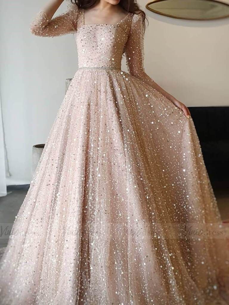 Glittery Rose Gold Beaded Sequin Prom Dresses with Long Sleeves FD1649 -   19 prom dress With Sleeves ideas