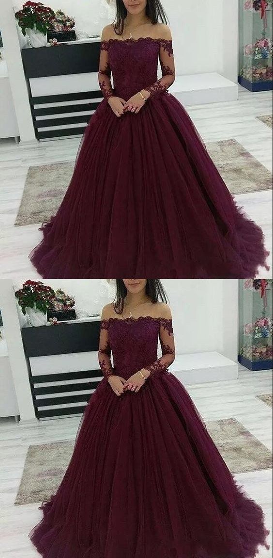 Prom Dress Ball Gown, Burgundy Prom Dresses Off The Shoulder Lace Applique Long Sleeves Tulle Evening Dress SuZhou Prom -   19 prom dress With Sleeves ideas