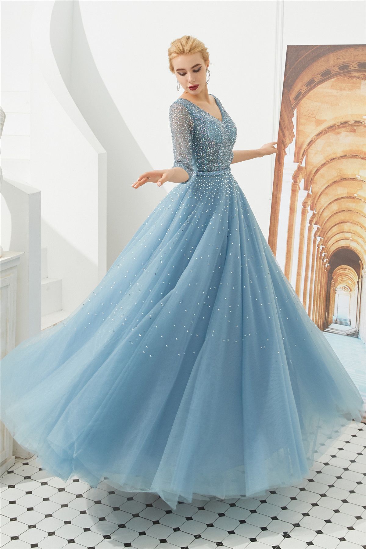 Half Sleeves Lace-Up  Sky Blue Prom Dress -   19 prom dress With Sleeves ideas