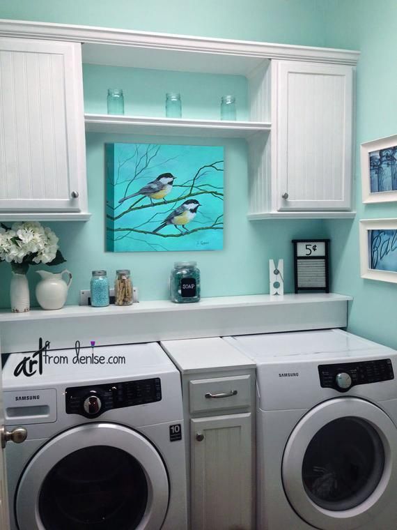Teal blue & yellow laundry room decor or bathroom picture, Canvas wall art bird print of chickadees, Gray aqua turquoise artwork -   9 room decor Pictures small bathrooms ideas