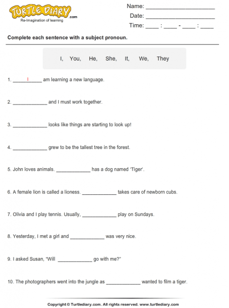 9 subjects Pronouns sentences ideas