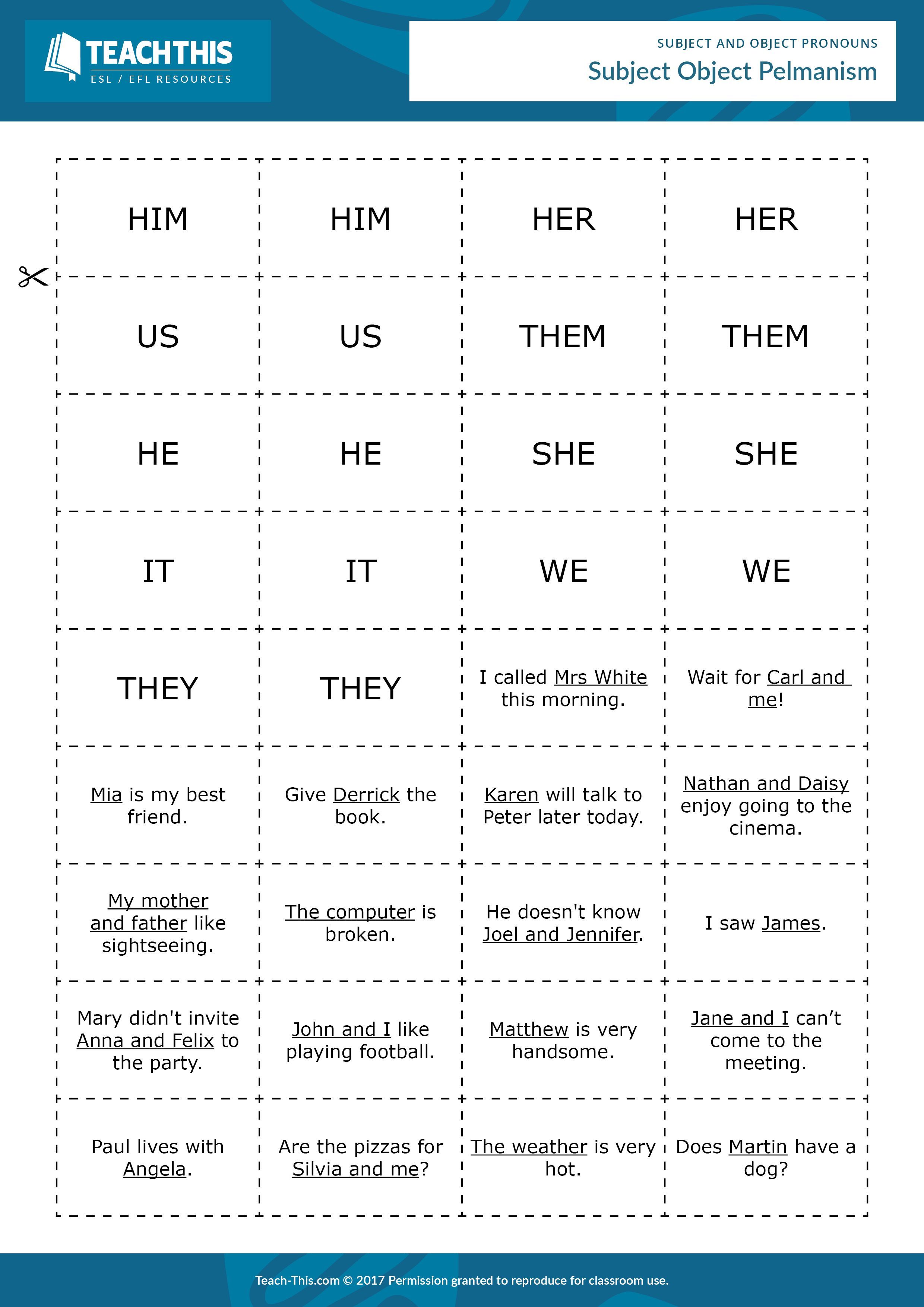 Subject Object Pelmanism -   9 subjects Pronouns sentences ideas