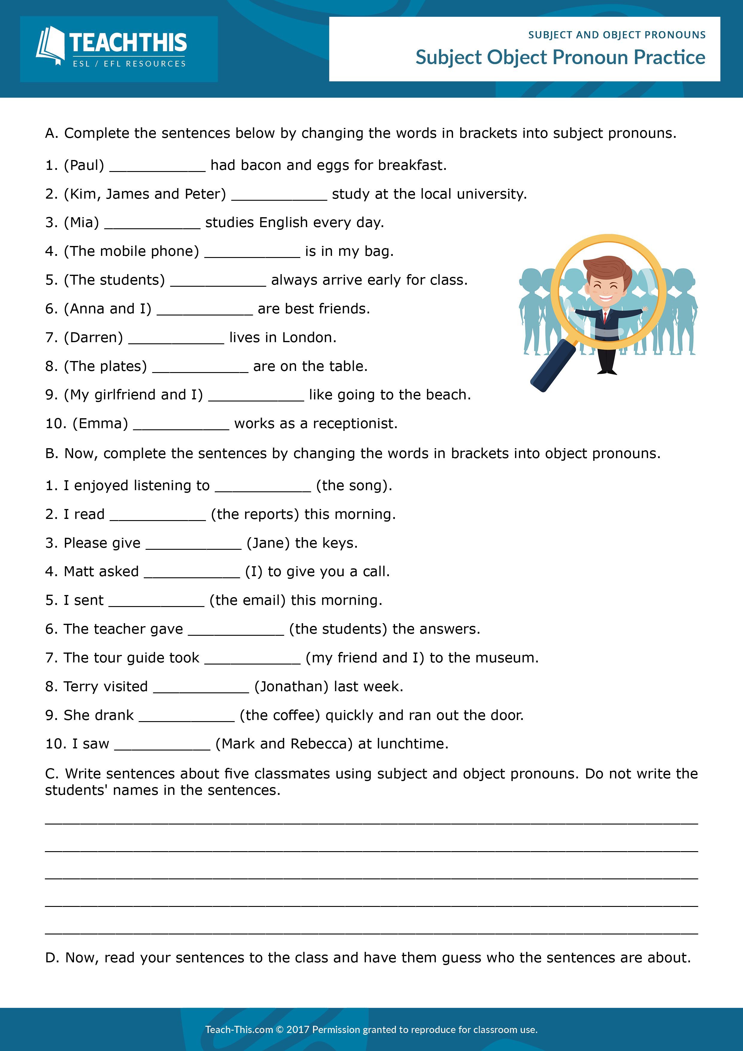 9 subjects Pronouns sentences ideas