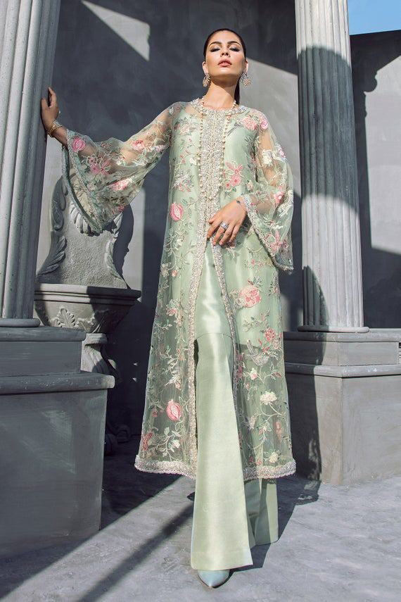 Mint Green Floral Beaded Long Jacket with Silk Inner & Boot Cut Pants, Elan Inspired Hand Embroidered Dress -   13 dress Indian boots ideas