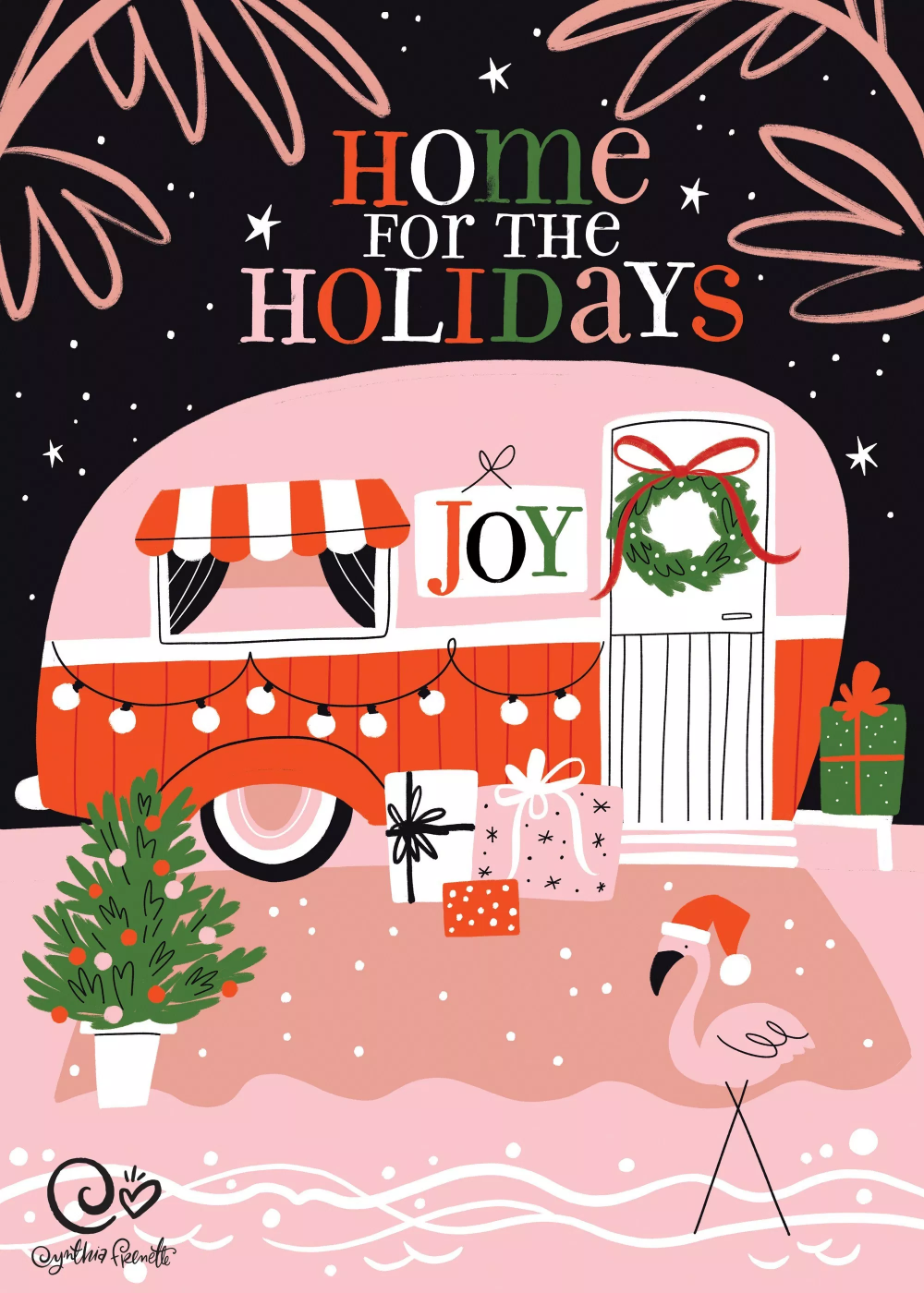 Christmas vacation! Home for the Holidays Christmas card, trailer flamingo beach… – Christmas Illustration - Water -   13 holiday Illustration design ideas