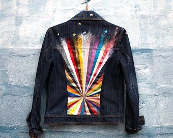 TRIANGLES  hand painted women's jeans jacket -   14 DIY Clothes Jacket etsy ideas