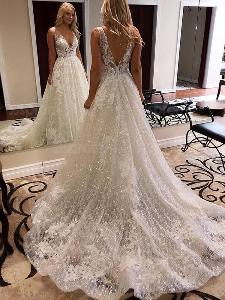 Luxurious Ball Gown V Neck Open Back White Lace Wedding Dresses,Elegant Bridal Gown -   15 dress Ball fairytale ideas