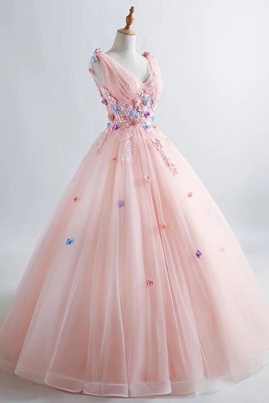 Princess Blush Ball Gown 3D Floral Applique V-neck Prom Quinceaner Dress CR 2503 -   15 dress Ball fairytale ideas