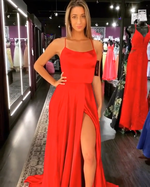 2019 Long Prom Dresses Red, Sexy Satin A-line Formal Evening Dresses with Slit -   15 dress Ball fairytale ideas