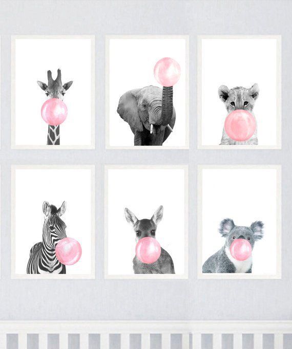 Girl Nursery Decor Safari Printable Set of 6 Funny Animal Prints Black & White Pink Room Decor Safari Nursery Decor Safari Nursery Animals -   15 room decor Pink black ideas