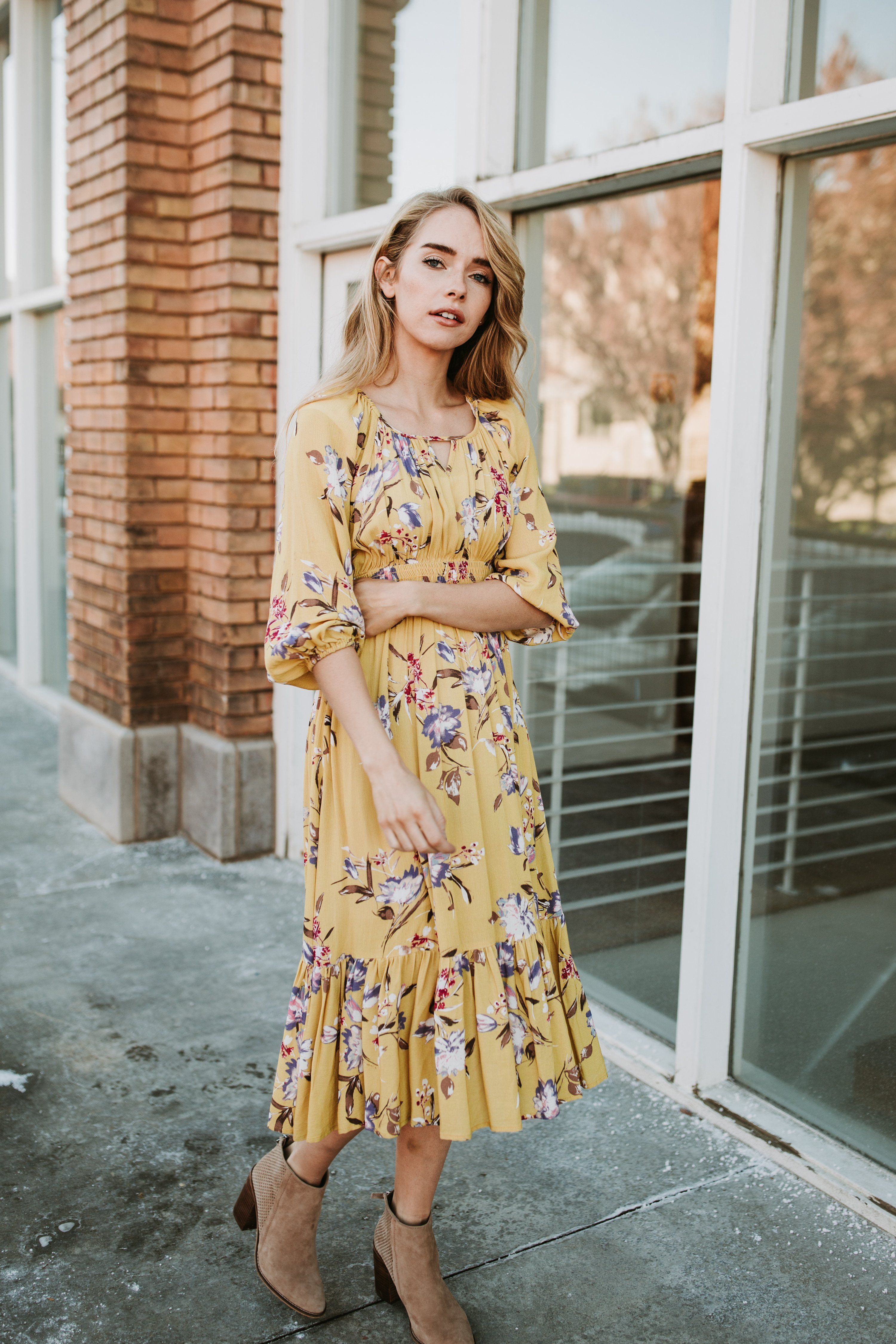 The Amber Floral Ruffle Dress in Mustard -   16 dress Modest jean jackets ideas