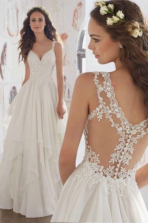 Prom Dresses Ball Gown, See Through Backless V-Neck Lace Appliques Sequins Beaded Tulle Chiffon Custom Bridal Wedding Gowns SantaFe Bridal -   18 dress Cute lace ideas