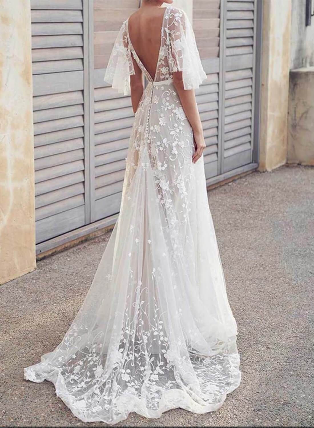 Boho V Neck Cap Sleeve Lace Beach Wedding Dress -   18 dress Cute lace ideas