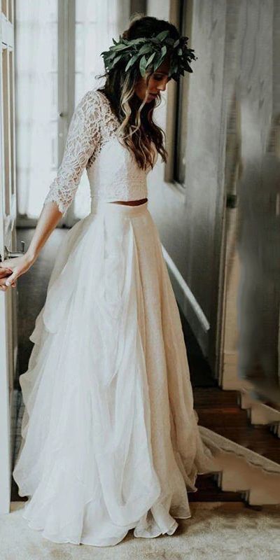 Lace 3/4 Sleeve Wedding Dresses Chiffon Two Piece Beach Bridal Dress  ML2976 -   18 dress Cute lace ideas