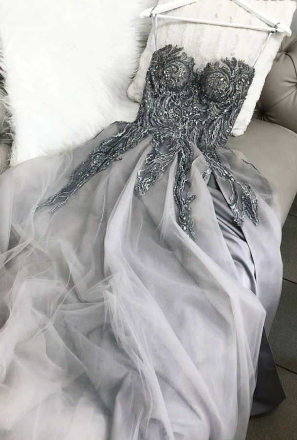Gray sweetheart tulle lace long prom dress gray tulle formal dress    ML2817 -   18 dress Cute lace ideas