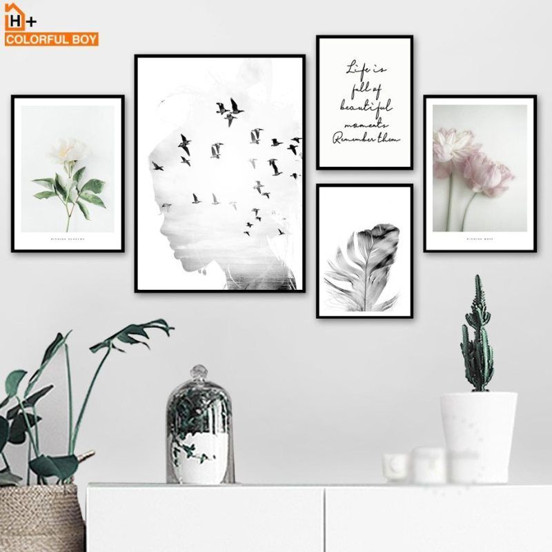 Girl bird Flower Feather Quotes Landscape Wall Art Canvas Painting Nordic Posters And Prints Wall Pictures For Living Room Decor -   18 room decor Art pictures ideas