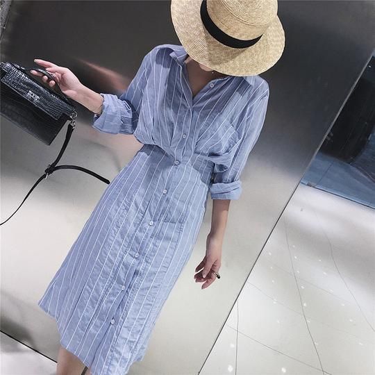 Korean Style Slim Waist Striped Shirt Long Sleeve Midi Dress -   19 dress Midi hijab ideas