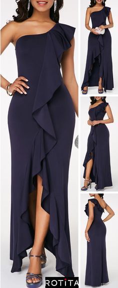 Ruffle trim one shoulder dark blue dress - Outfits for Work -   13 dress Coctel vestidos ideas