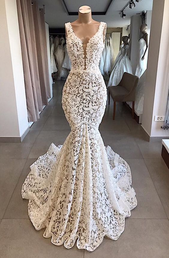Mermaid Lace V Neck Long Prom Dresses Wedding Dresses Ivory Chic Bridal Gowns -   13 dress Coctel vestidos ideas