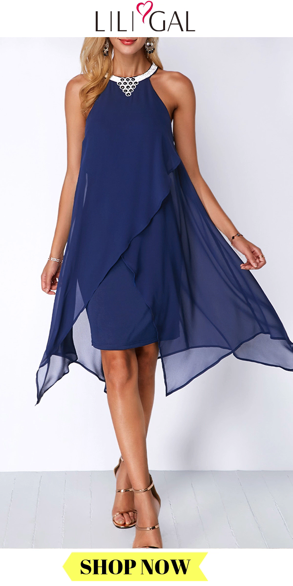 USD35.14  Spring Summer Navy Blue Embellished Neck Asymmetric Hem Sleeveless Chiffon Overlay Dress -   13 dress Coctel vestidos ideas