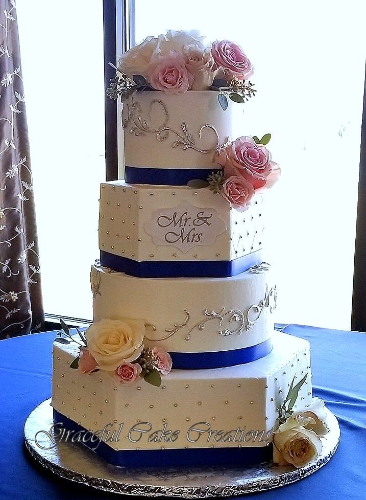 Elegant White Butter Cream Wedding Cake with Silver Scrolls, Silver Pearls and Royal Blue Ribbon accented with Fresh Blush Pink and White Roses -   15 cake Wedding royal ideas