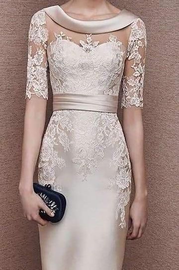 1/2 Sleeves Scoop Elastic Satin Lace Mother of The Bride Dresses Elegant Lace Illusion Scoop Neck Half Sleeves Short Sheath Mother of the Bride Dress -   15 dress Mother Of The Bride short ideas