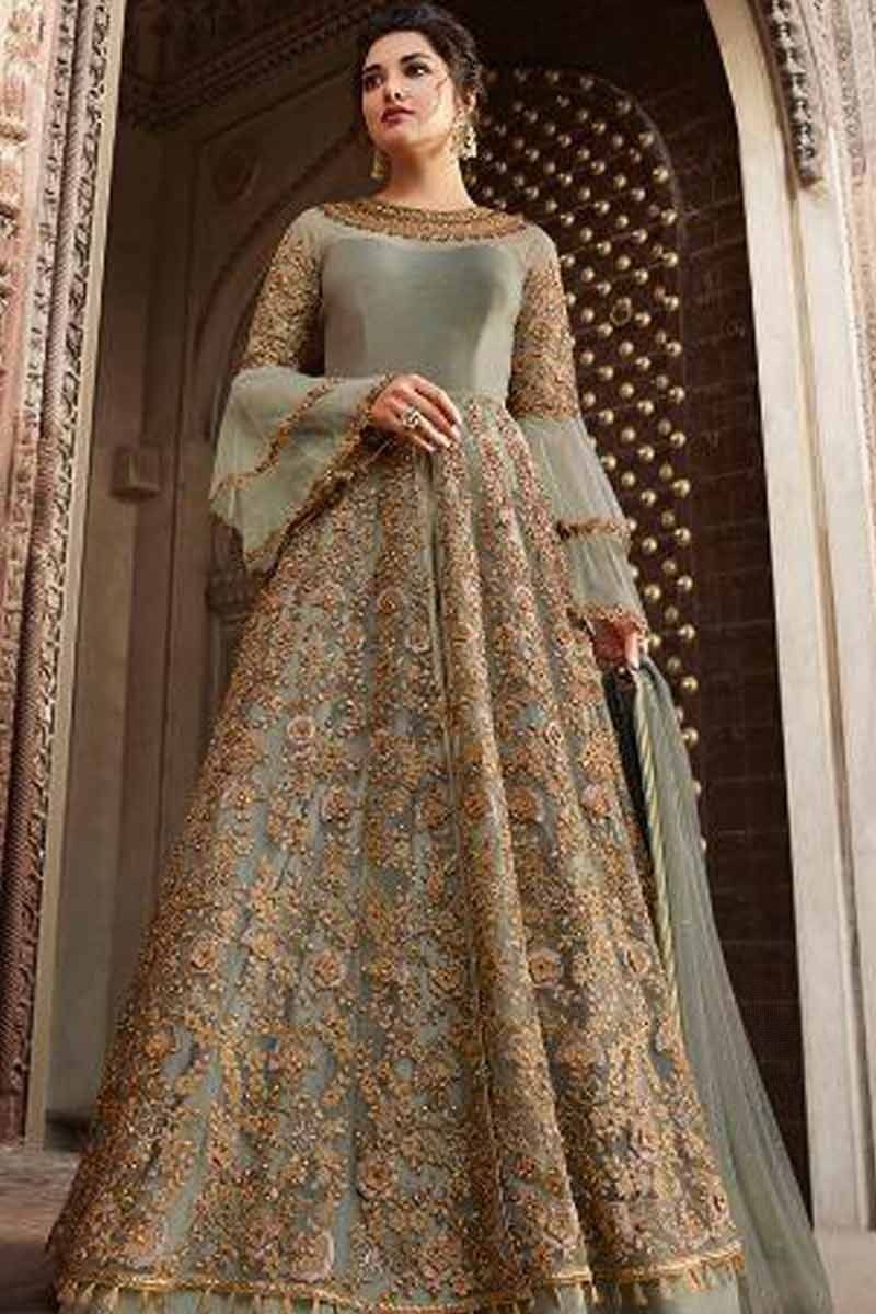 Buy Olive Green Embroidered Anarkali Suit Online - LSTV02640 | Andaaz Fashion -   16 dress Indian party wear ideas