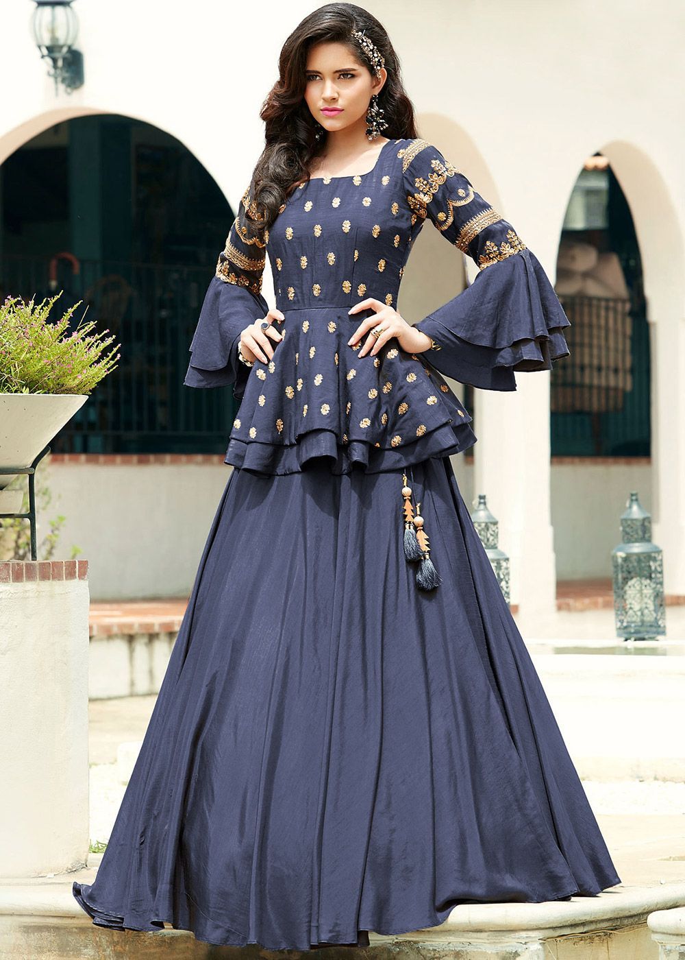 Navy Blue Bell Sleeved Embroidered Kurti Skirt Set -   16 dress Indian party wear ideas