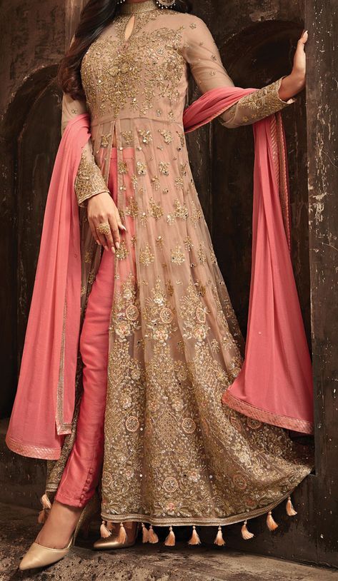 Salmon Pink & Beige Designer Heavy Embroidered Net Wedding Anarkali Lehenga -   16 dress Indian party wear ideas