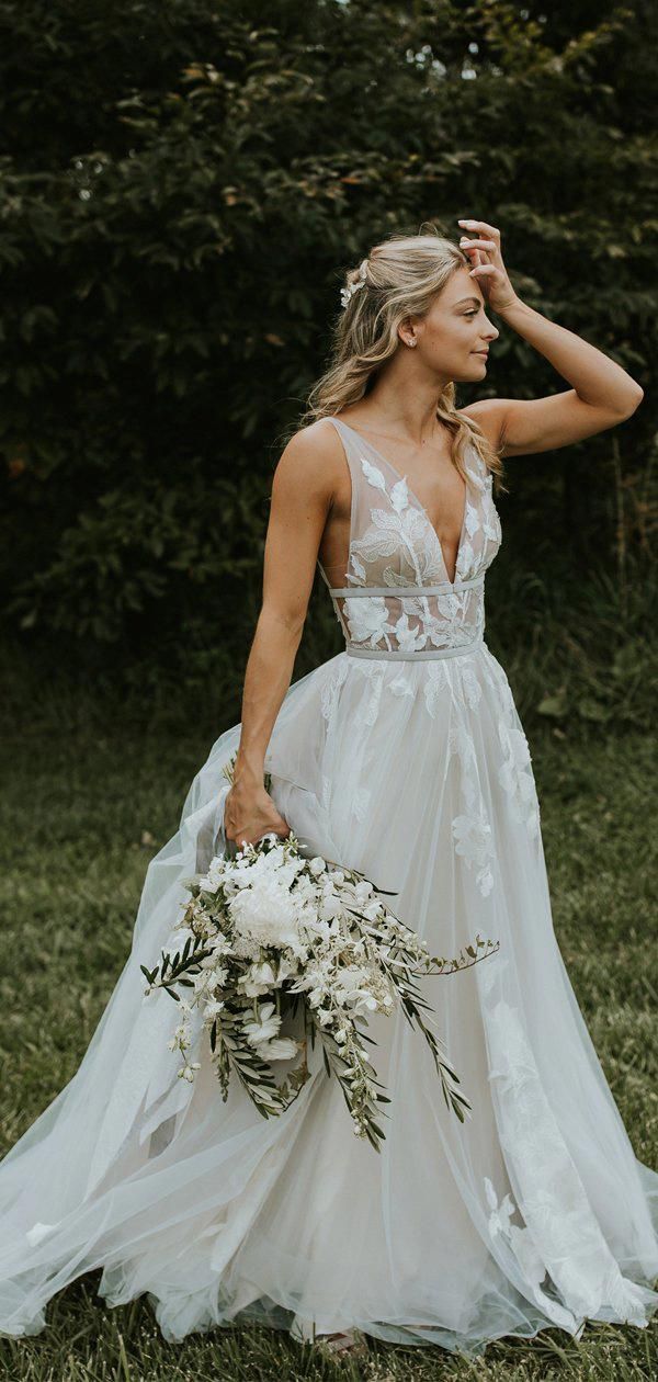 See Through Lace Ivory Tulle V-neck V-back Beach Wedding Dresses,DB0160 -   18 wedding Beach rustic ideas